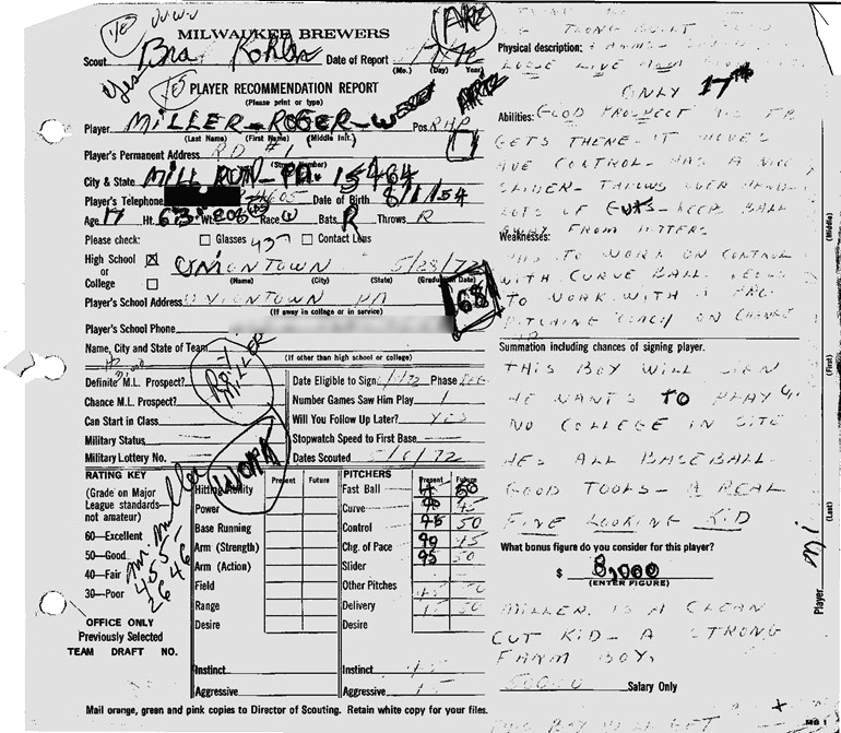 1972 Roger Miller Scouting Report - Milwaukee Brewers